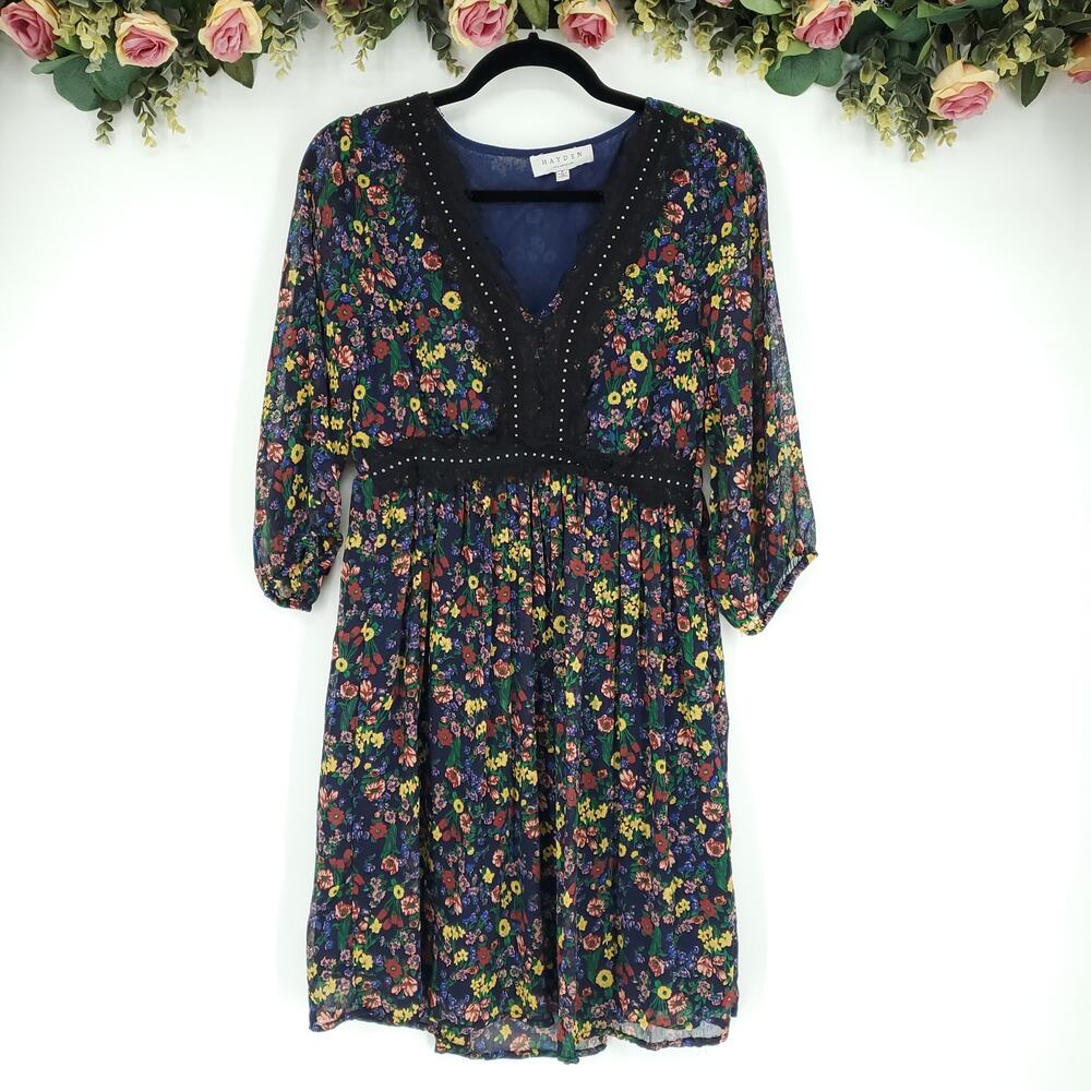 Hayden Los Angeles Navy Blue Ditsy Floral V-neck Dress Size Small